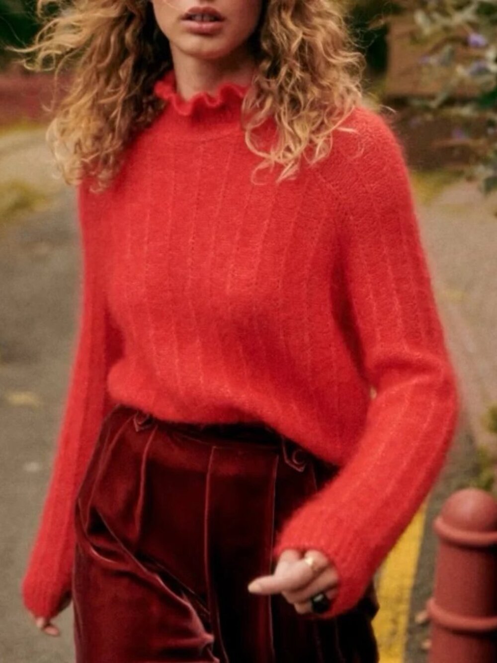 SEZANE Bright Red Mohair Merino Wool Knit Ruffle High Neck Sweater- Size XXS